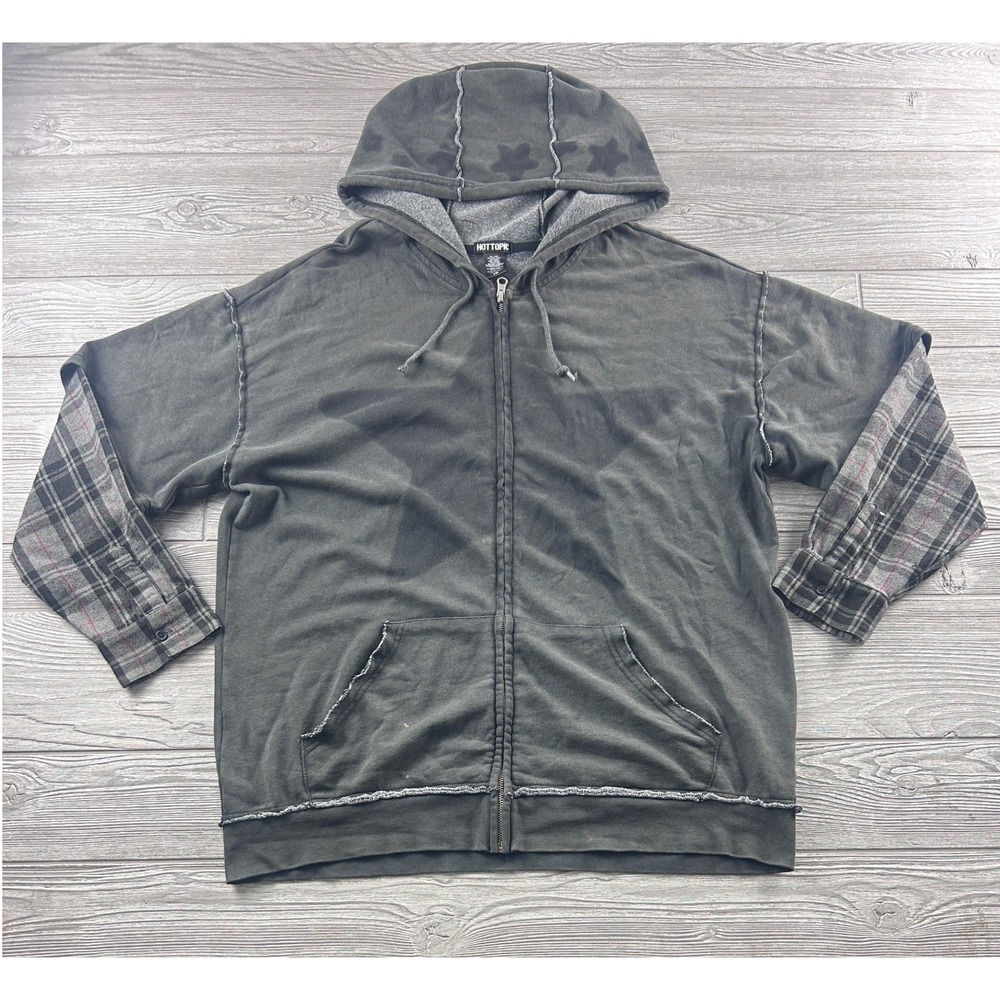 Hot Topic Mens Large Grey Star Graphic Layered Plaid Sleeve Zip Up Hoodie Grunge